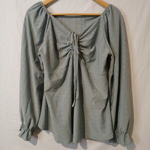 Moss Green Size XL Peasant Boho Blouse Ruched Front Tie‎ Puff Sleeves